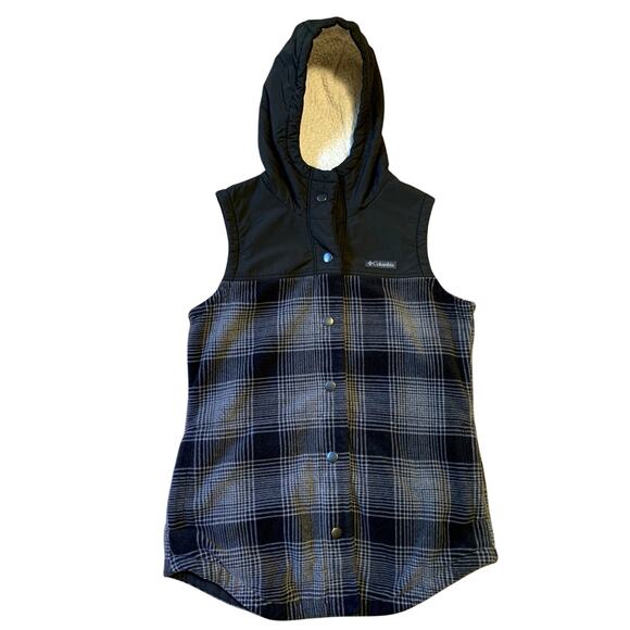 Columbia Women Vest Size Small Black Grey Plaid Puff and Fleece Hood Snap Front - Picture 1 of 8